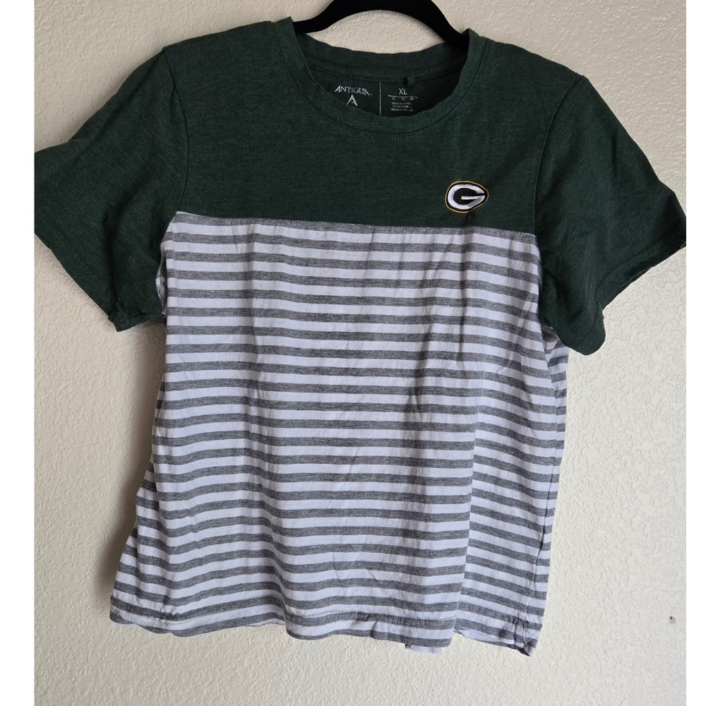 Antigua Green Bay Packers Womens XL T-Shirt Green Grey Striped Split Back Hem
